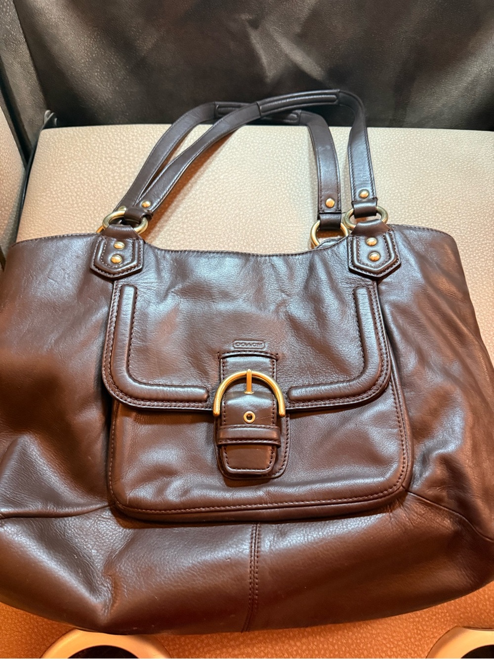 Coach Brown Leather Shoulder Bag with Gold-Tone Buckle - Picture 3 of 6